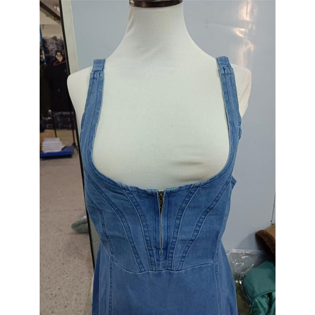 Women's Sleeveless U Neck Strap Distressed Casual Slim Fit Knee Length Denim Dress