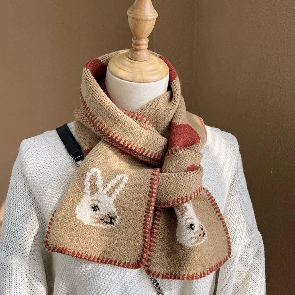 Короткий вязаный шарф для женщин на осень и зиму - мягкий, теплый в корейском стиле с рисунком в виде головы кенгуру