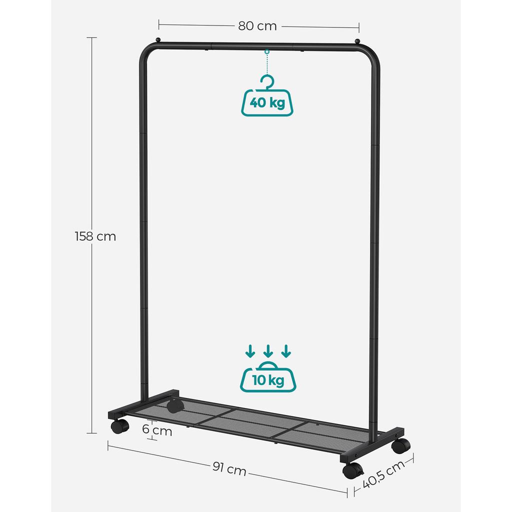SONGMICS Clothes Rack on Wheels, Single-Rail Metal Garment Rack, with Storage Shelf, Top Rail Holds up to 40 kg, Black