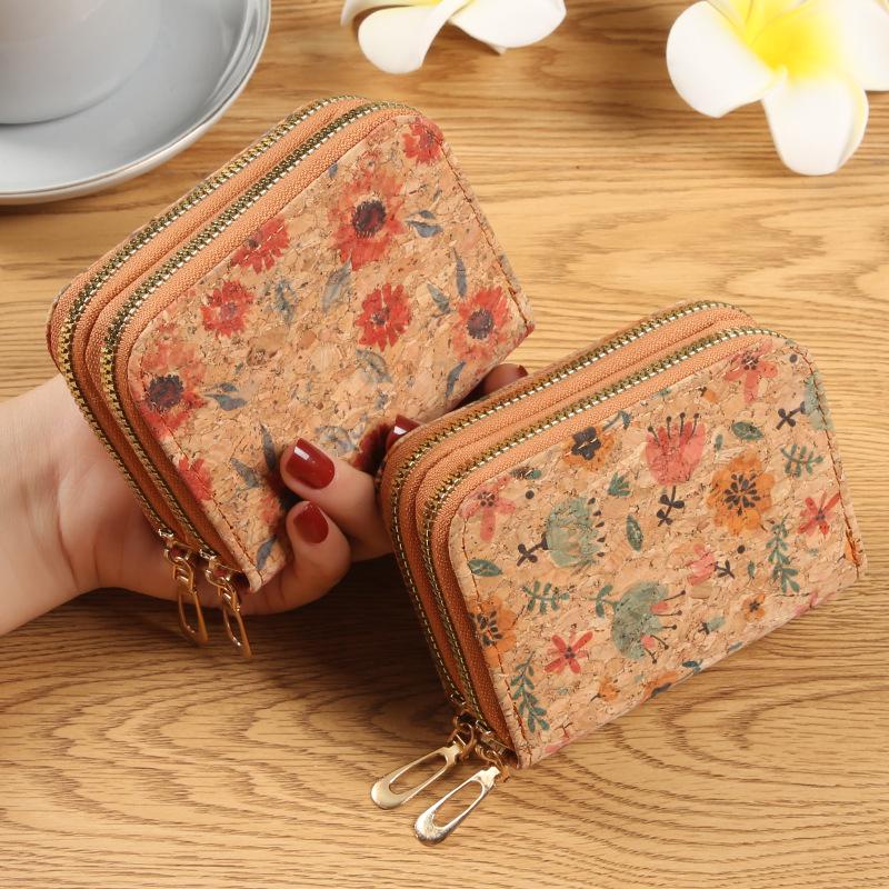 Retro Cork Print Leather Double Zipper Card Holder Wallet - Large Capacity and Portable