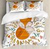 Cartoon Fox Duvet Cover King Size,Baby Fox Sleeping In A Floral Circle Image Print Bedding Set Kids Animal Quilt Cover