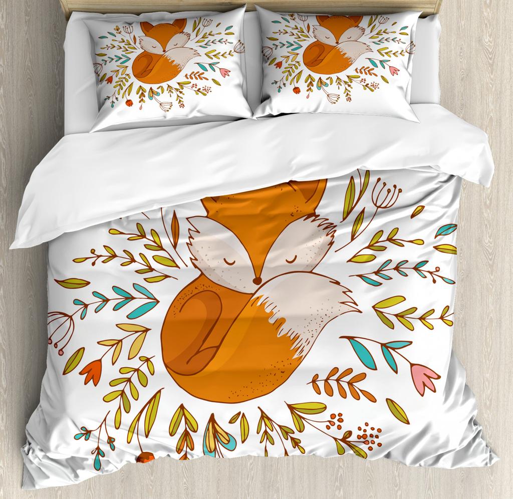 Cartoon Fox Duvet Cover King Size,Baby Fox Sleeping In A Floral Circle Image Print Bedding Set Kids Animal Quilt Cover