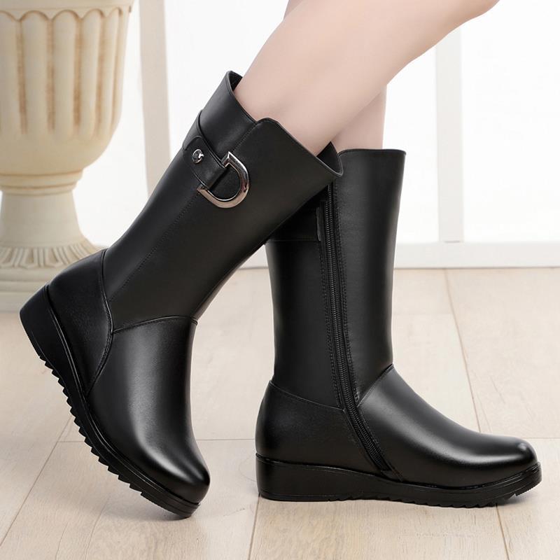 Mid Length Boots for Women's New Mother's Shoes, Cotton Shoes, Thick Heels, Middle-aged Women's Leather Boots, Women's Shoes