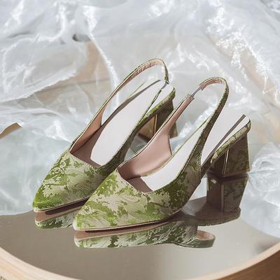 Модная летняя женская обувь 2025 Слингбэки Женские туфли на высоком каблуке Модный принт Офисные карьерные туфли Новые мелкие сандалии на толстом каблуке
