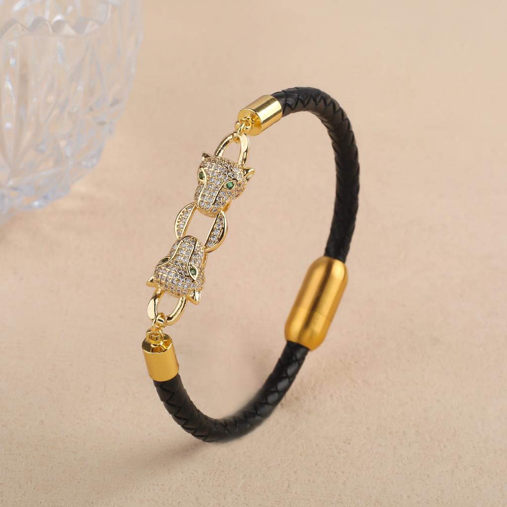 Bully Animal Style Leopard Head Braided Leather Rope Bracelet Fashion for Man Woman Stainless Steel Zirconia Zircon Daily Wear