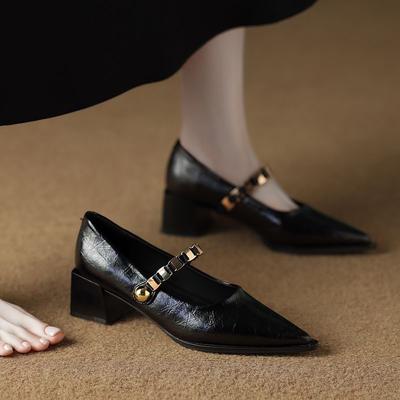 Французские туфли Мэри Джейн модные толстый каблук высокий каблук остроносые маленькие кожаные туфли весна и осень новая мода универсальный маленький аромат