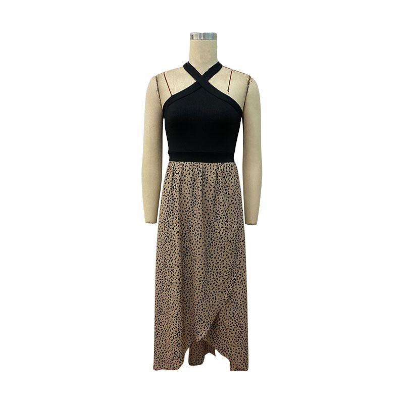 Летнее женское сексуальное длинное платье с леопардовым принтом и висячим вырезом на шее, нерегулярный разрез