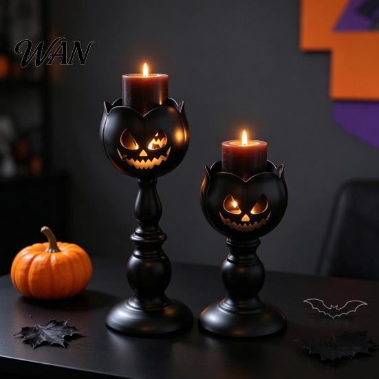 Stable Metal Candle Base Halloween Pumpkin Head Holder, Matte Black Tea Light Decorative Figurine Stand, Vintage Style Lamp for Holiday Party