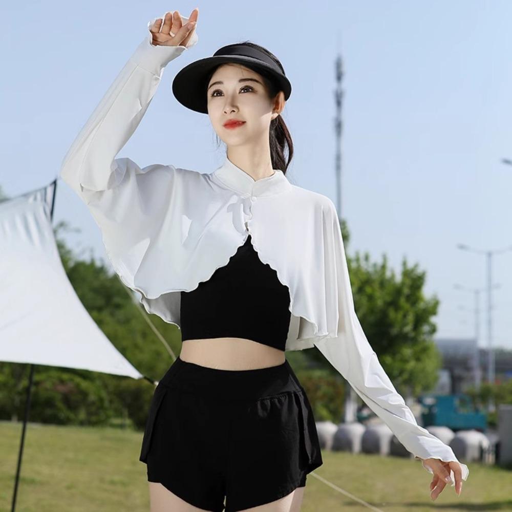 Solid Color Sun Protection Clothing Long Sleeve Ice Silk Cape Long Sleeve Crop Top Sun Protection