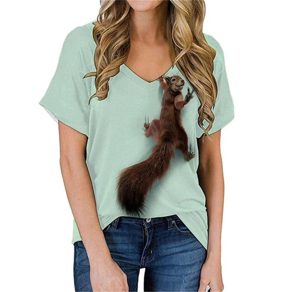 Летние футболки с изображением животных и забавной белки в формате 3D, женская повседневная уличная одежда, футболка с коротким рукавом и V-образным вырезом, футболки Harajuku, топы, одежда