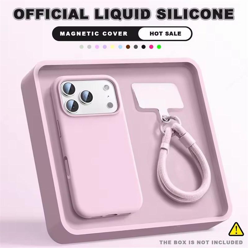 Чехол-бампер с ремешком на запястье и магнитом для iPhone 16E 14 15 Plus 12 13 16 17 Pro Max Air Magsafe Жидкий силикон Чехол-ремешок