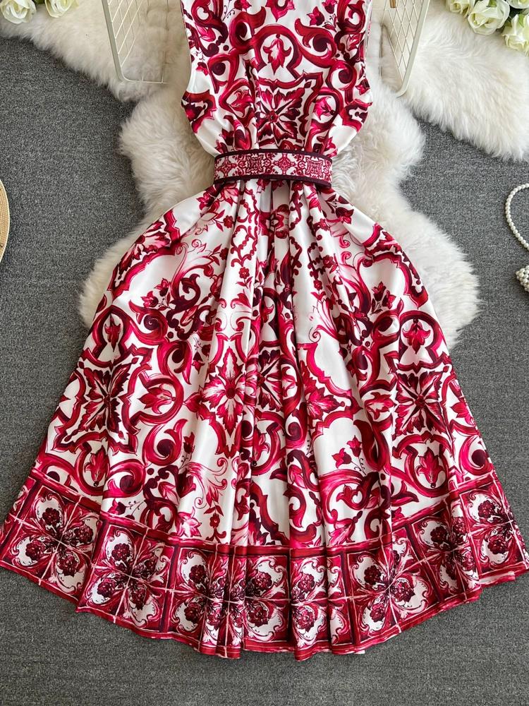 Summer Women Lapel Single Breasted Brand Designer Vintage Print Sleeveless Tank Runway Party Dresses with Belt