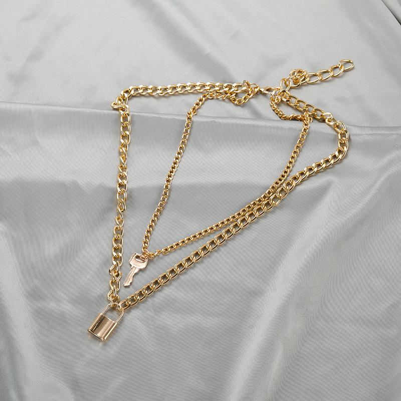 Винтажное креативное колье в стиле панк, преувеличенная толстая цепочка, ювелирное изделие, ключ с замком, двухслойное ожерелье, женское металлическое ожерелье на шею в стиле хип-хоп