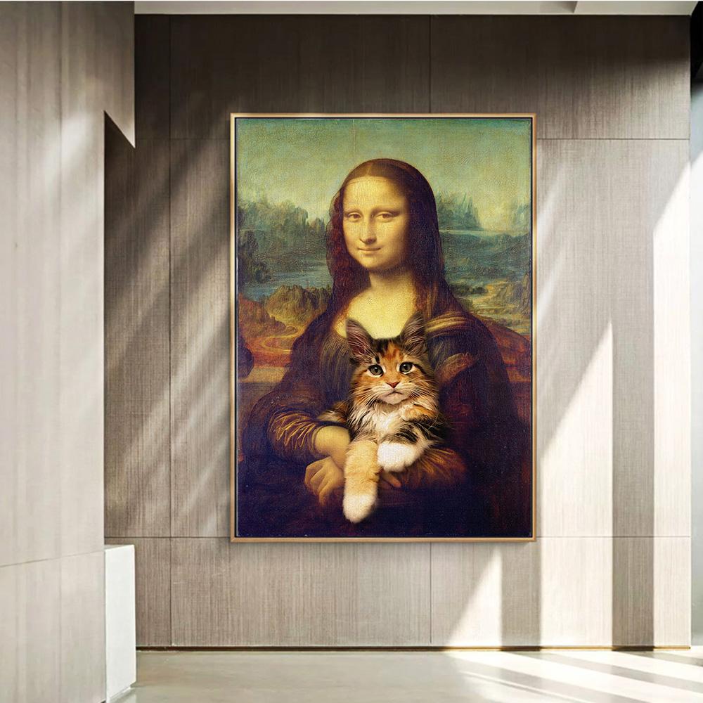 Mona Lisa Holding the Cat Funny Art Canvas Paintings On the Wall Art Posters And Prints Da Vinci Famous Art Pictures Cuadros
