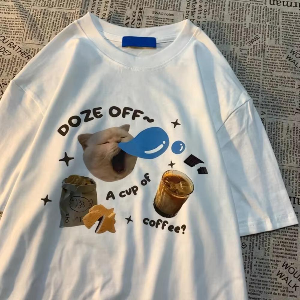 Футболка Sleepy Cat American Retro Cute Print Design с короткими рукавами для мужчин и женщин, уличная свободная хлопковая с короткими рукавами в японском стиле