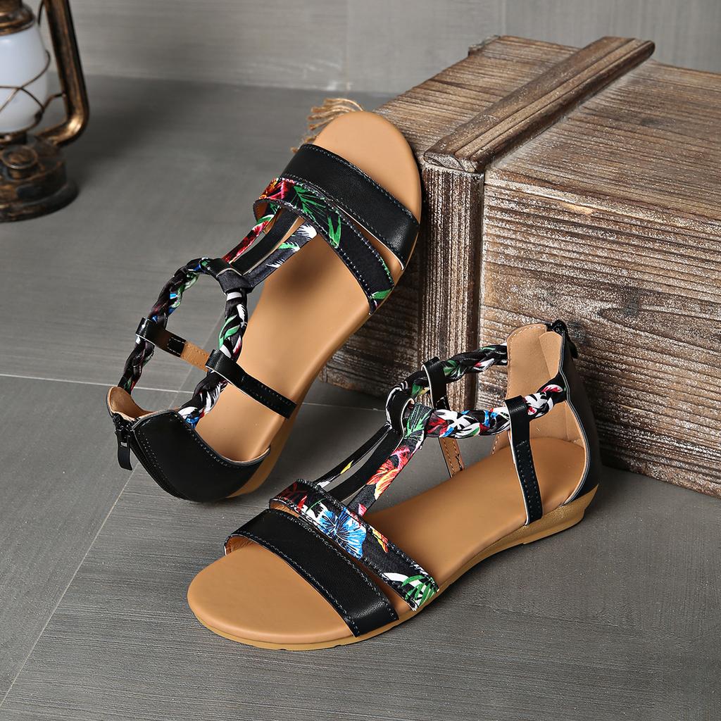 Fashion 2025 European and American Large-sized Thick-soled Sandal for Women, One-line Color Bohemian-style Woven Wedge Heel Beach Shoes