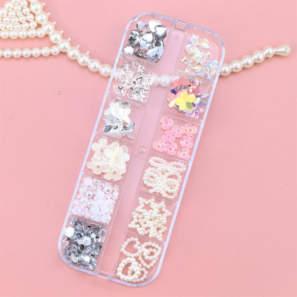 12 Grids Mix Styles Nail Charms Shiny Rhinestones 3D Butterfly Nail Art Decor Pearl Sweet Bow Flower Nail Ornaments DIY