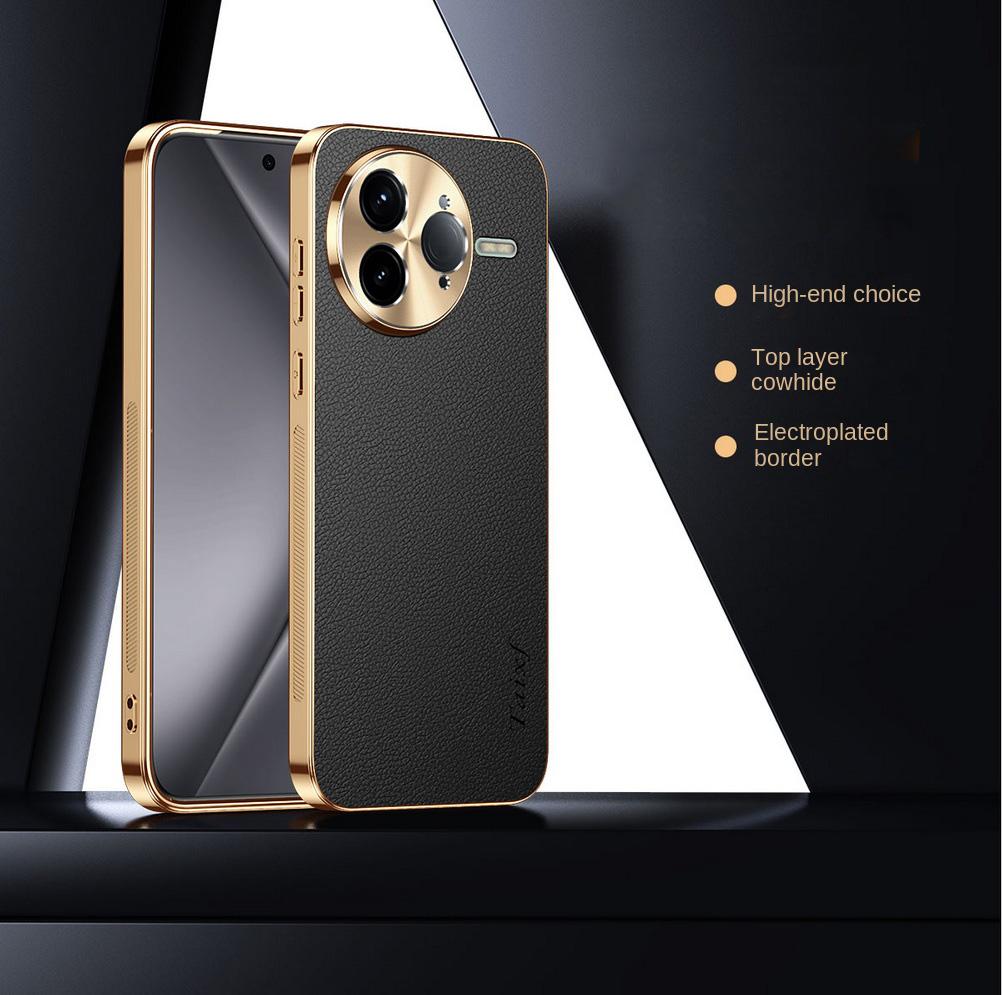 First Layer of Cowhide Lychee Texture Electroplated Frame Case For Poco F7 Ultra F7 Pro POCO X7 Pro F6 Pro F5 Lens Protect Cover