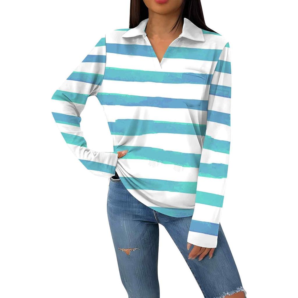 Женская модная повседневная футболка с длинным рукавом и V-образным вырезом в полоску с принтом и лацканами