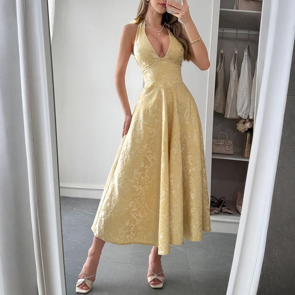 Женское модное однотонное элегантное платье с темпераментом, с вырезом на шее и поясом