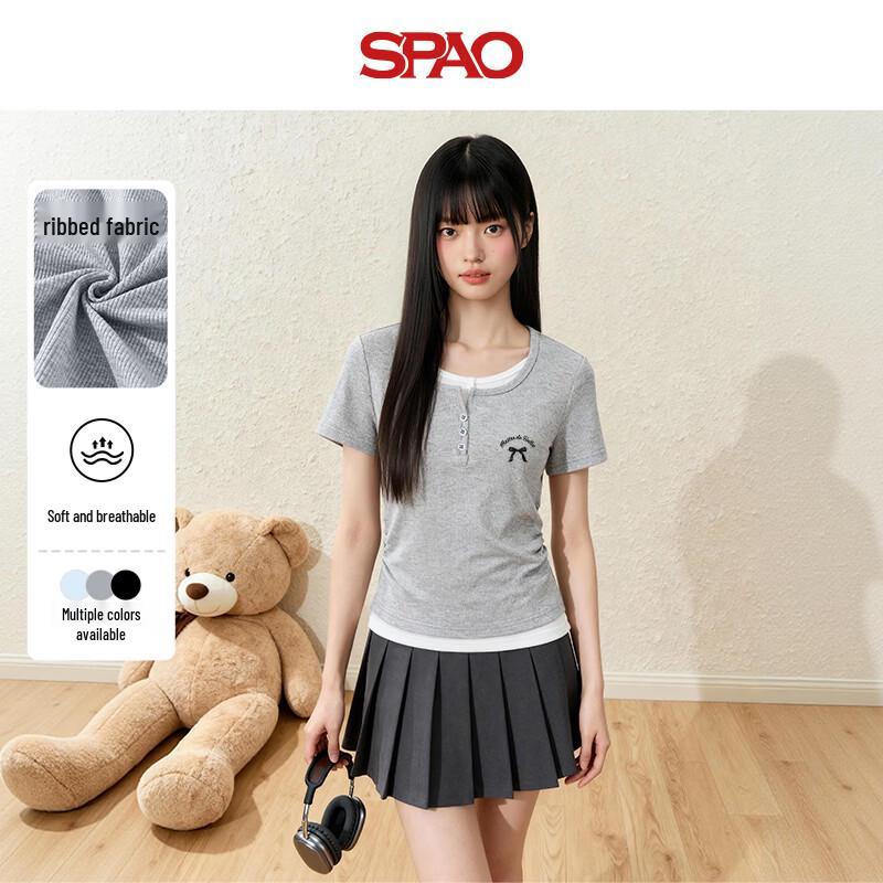 Женская футболка SPAO с контрастным эффектом двух предметов, с коротким рукавом