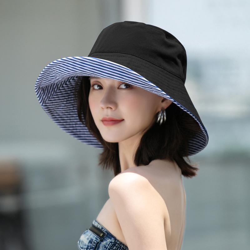 Korean Striped Double-side Bucket Hat For Women Wide Brim Anti-UV Sun Protection Panama Cap Outdoor Beach Travel Fishmen Caps