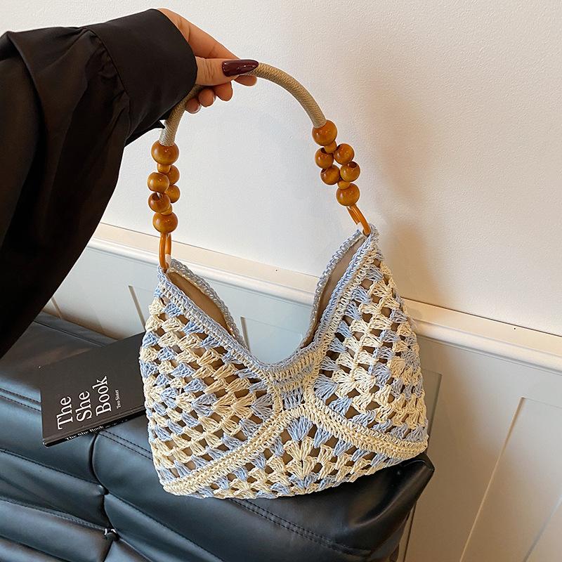 Large Capacity Hollow Beaded Straw Woven Single Shoulder Tote Beach Bag