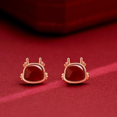Серьги-гвоздики из стерлингового серебра 925 пробы Lucky Dragon с красным агатом, женские серьги-гвоздики по китайскому зодиаку, год рождения, национальный модный стиль