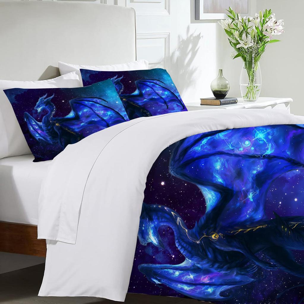 Longtu Three-Piece Quilt Cover 3D Digital Printing Bedding Set Blue Bed Cover