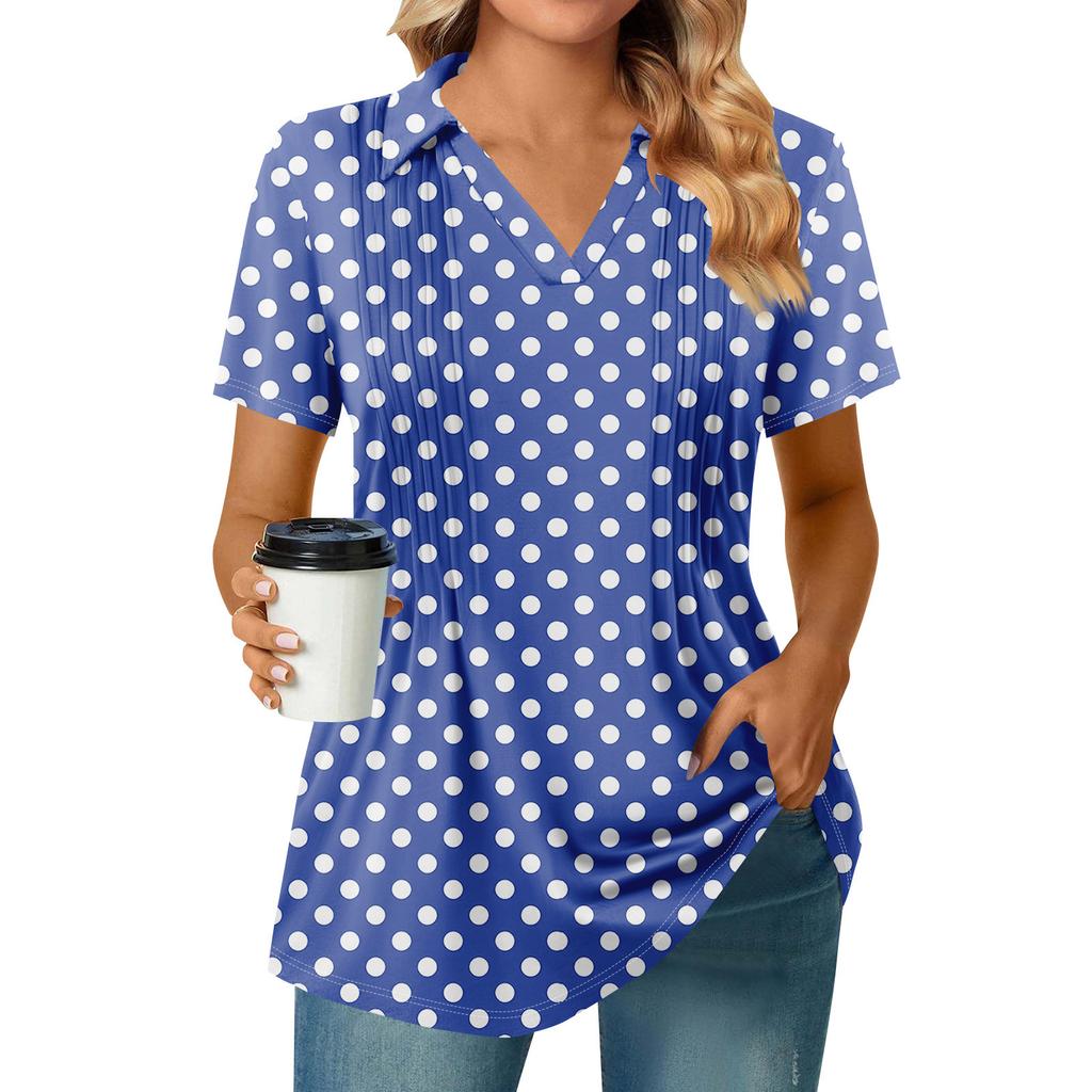 Женские футболки с коротким рукавом, плиссированные, с V-образным вырезом, с принтом, с воротником, летние топы, модные, деловые, повседневные, рабочие