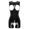 Womens Patent Leather Cutout Bodysuit Open Cups Crotchless Open Butt Bodycon Leotard for Nightclub Party