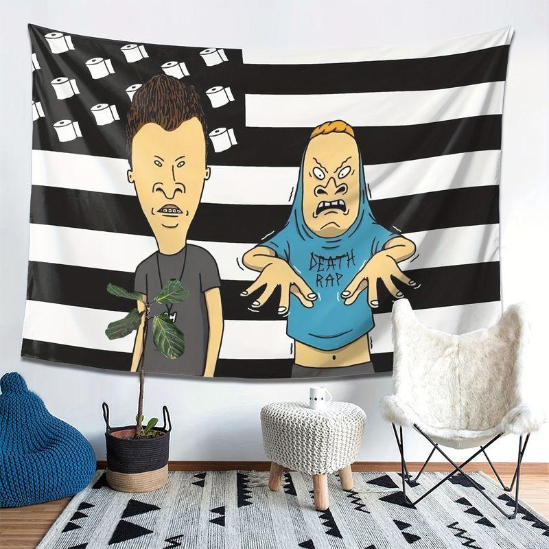 Funny Flat Four and Big Head Egg Striped Flag Cartoon Tapestry, Whimsical Wall Art for Bedroom Living Room Dorm