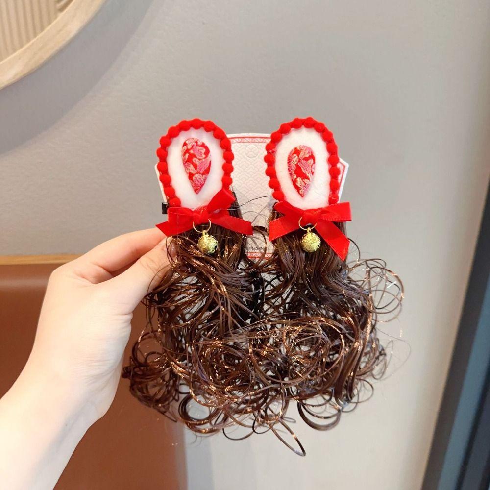 2 шт. детский парик-бантик в китайском стиле, вьющиеся волосы, красная заколка-бантик, новогодняя праздничная