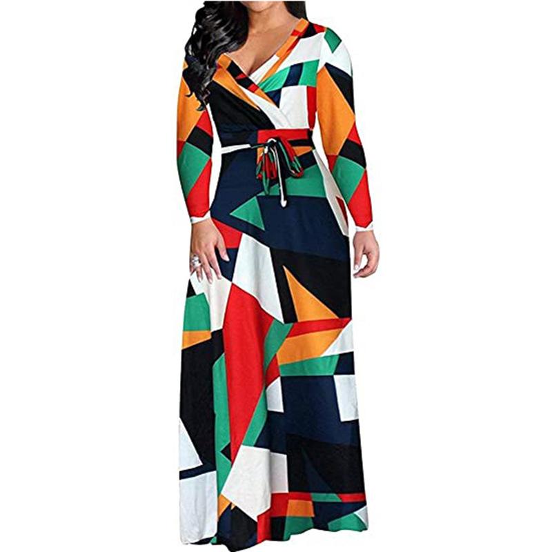 Spring and Autumn Women's Dress V-Neck Printed Swing Dresses Long Dresses