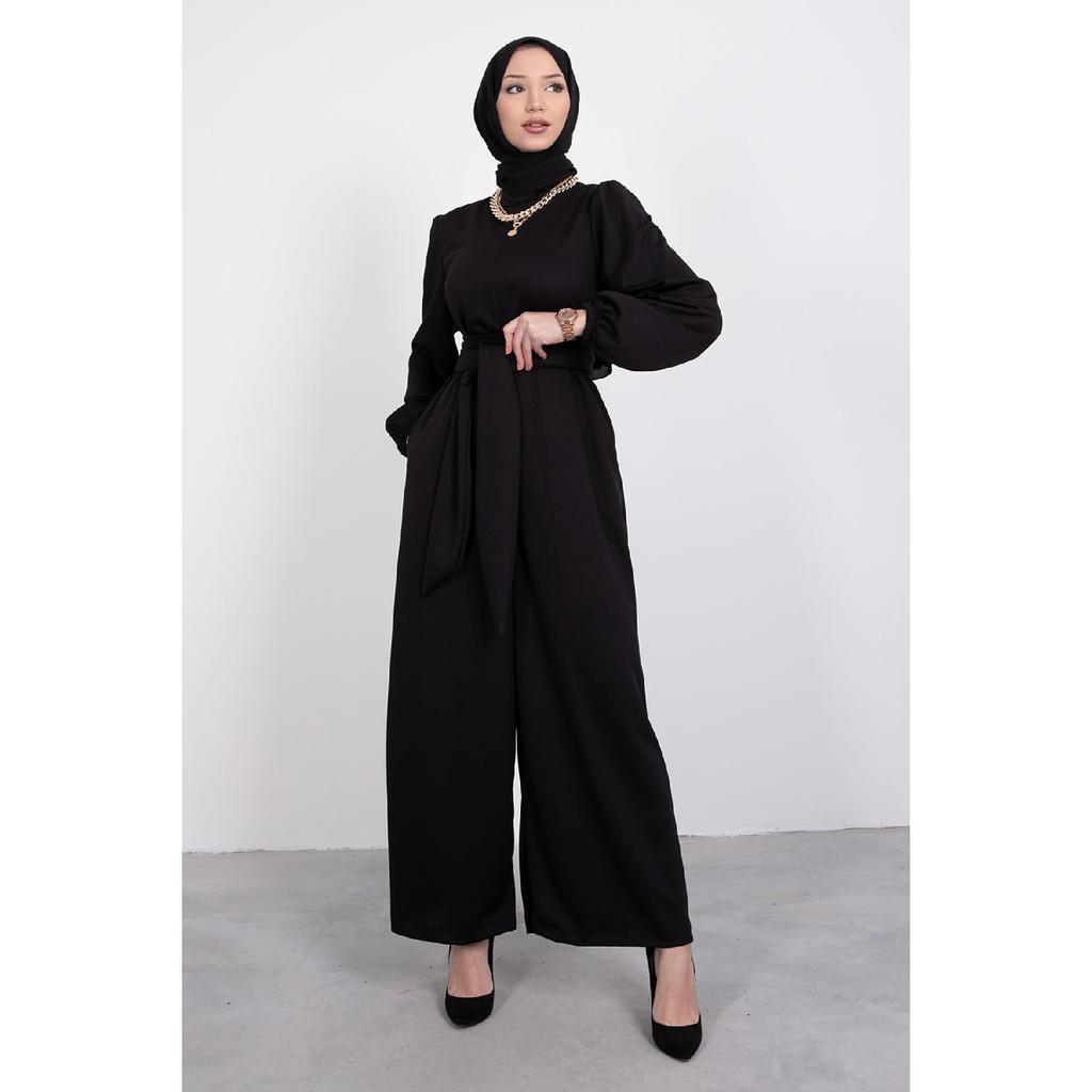 Wide Sash Wrapped Hijab Jumpsuit Black