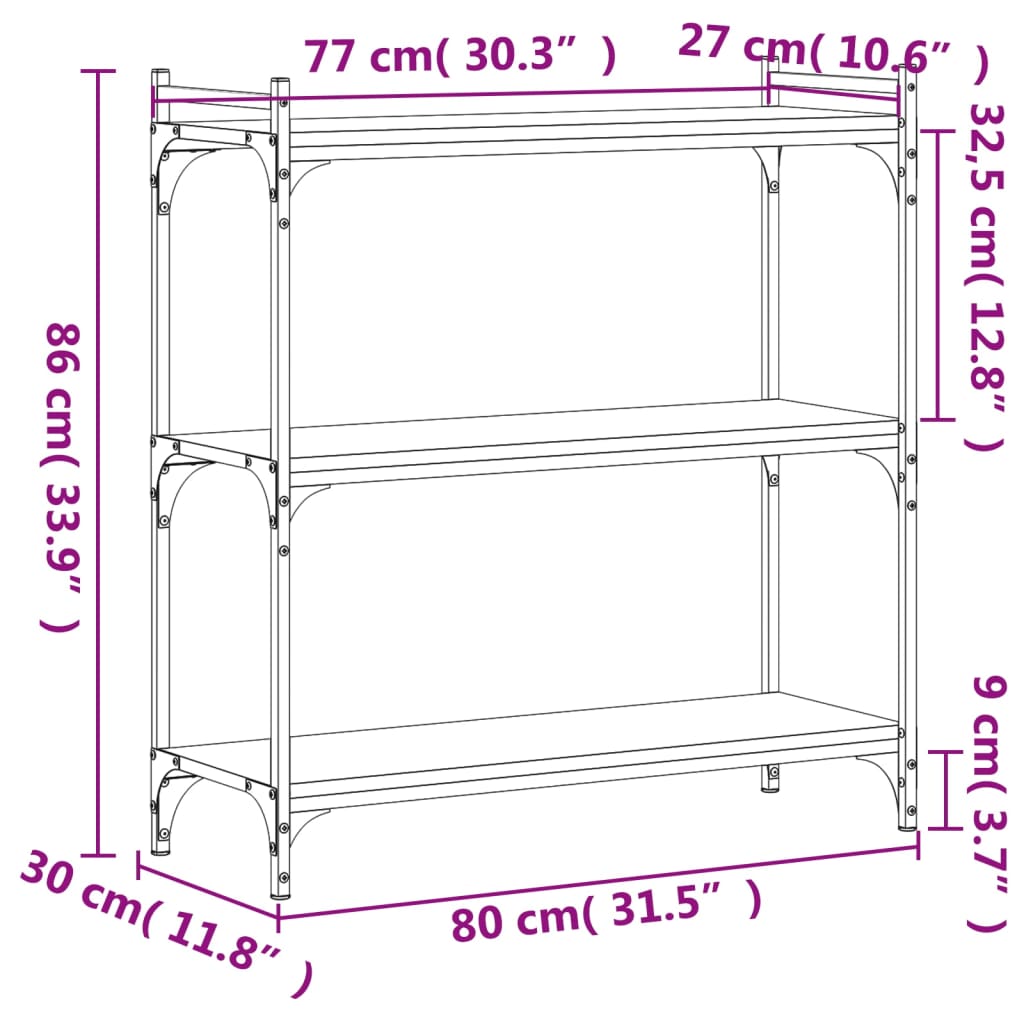 Bookshelf 3 Shelves Brown Oak Effect 80 x 30 x 86 cm Engineered Wood