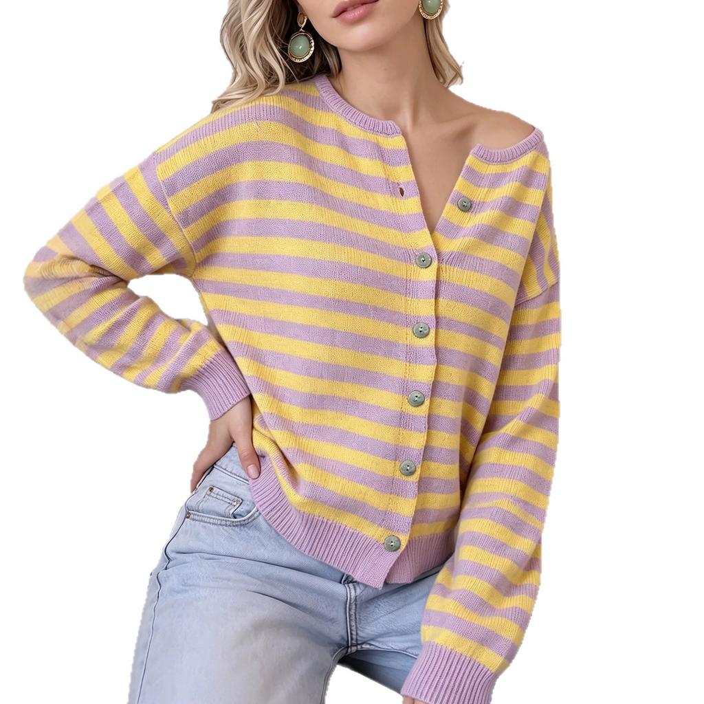 Women's Cardigan, Striped, Color-Block, Button-Front, Zip-Up for Fall and Winter