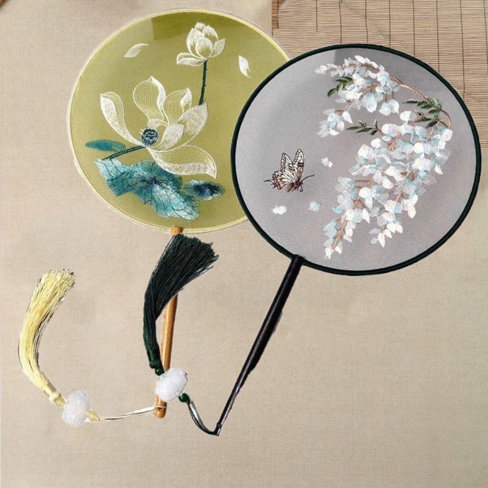 Круглый двухсторонний вышитый веер в китайском стиле с цветами из шелка, портативный танцевальный веер, домашний декор