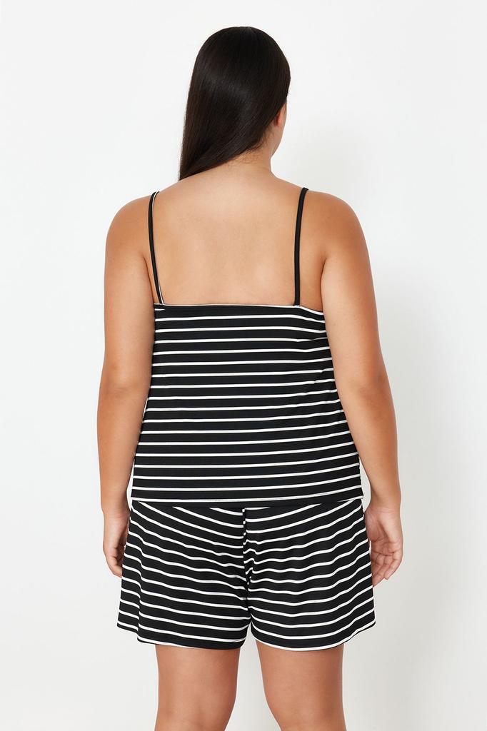 Женский стильный пижамный комплект больших размеров, черный полосатый вязаный пижамный комплект с тонким ремешком