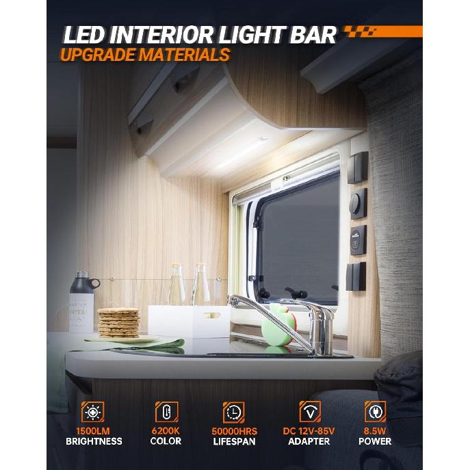 SEALIGHT 12V LED Interior Light Bar | 1500LM 8W 12v LED Light Strip 6200K White with ON/Off Switch | Camper Lights Fixture for Truck Van RV Trailer