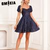 Women's Elegant Short Neckline Back Zipper Full Lined Cocktail Party Dress Sparkly Short Skirt