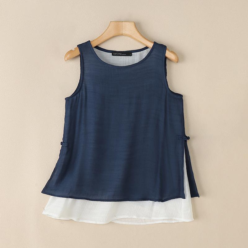 ZANZEA Women Summer Loose Casual O-neck Sleeveless Double Layer Tank Tops