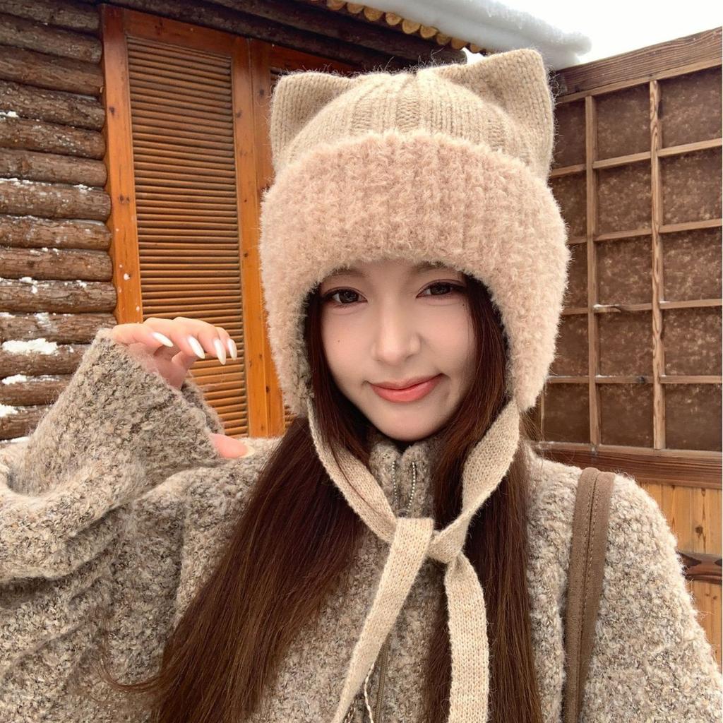 Cat Ears Plush Ear Hat Women's Winter Warm Knitted Hat Show Face Cute Sweet Wool Hat Autumn and Winter