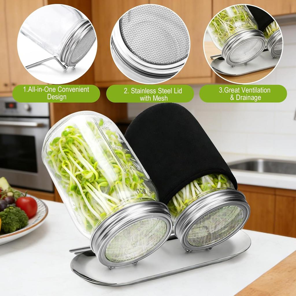 Stainless Steel Sprouting Lids for Wide Mouth Mason Jars, 2-Pack Reusable Bean Sprouts Growing Screen for Organic Seeds Germination