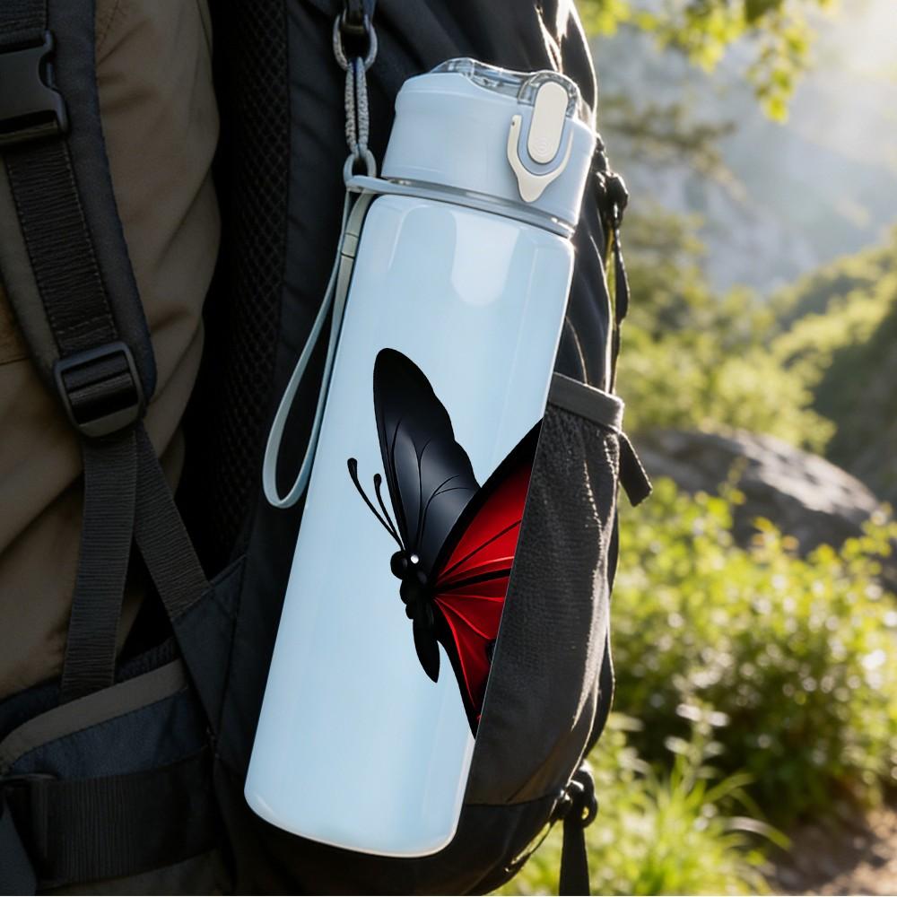 1PC Red Black Butterfly Wing Art Print 750ml Color Plastic Sports Water Bottle Leakproof Flip Straw Lid Suitable for Sports Office Home Use