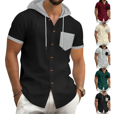 Мужская свободная повседневная классическая рубашка с короткими рукавами и капюшоном на пуговицах, футболка, топ