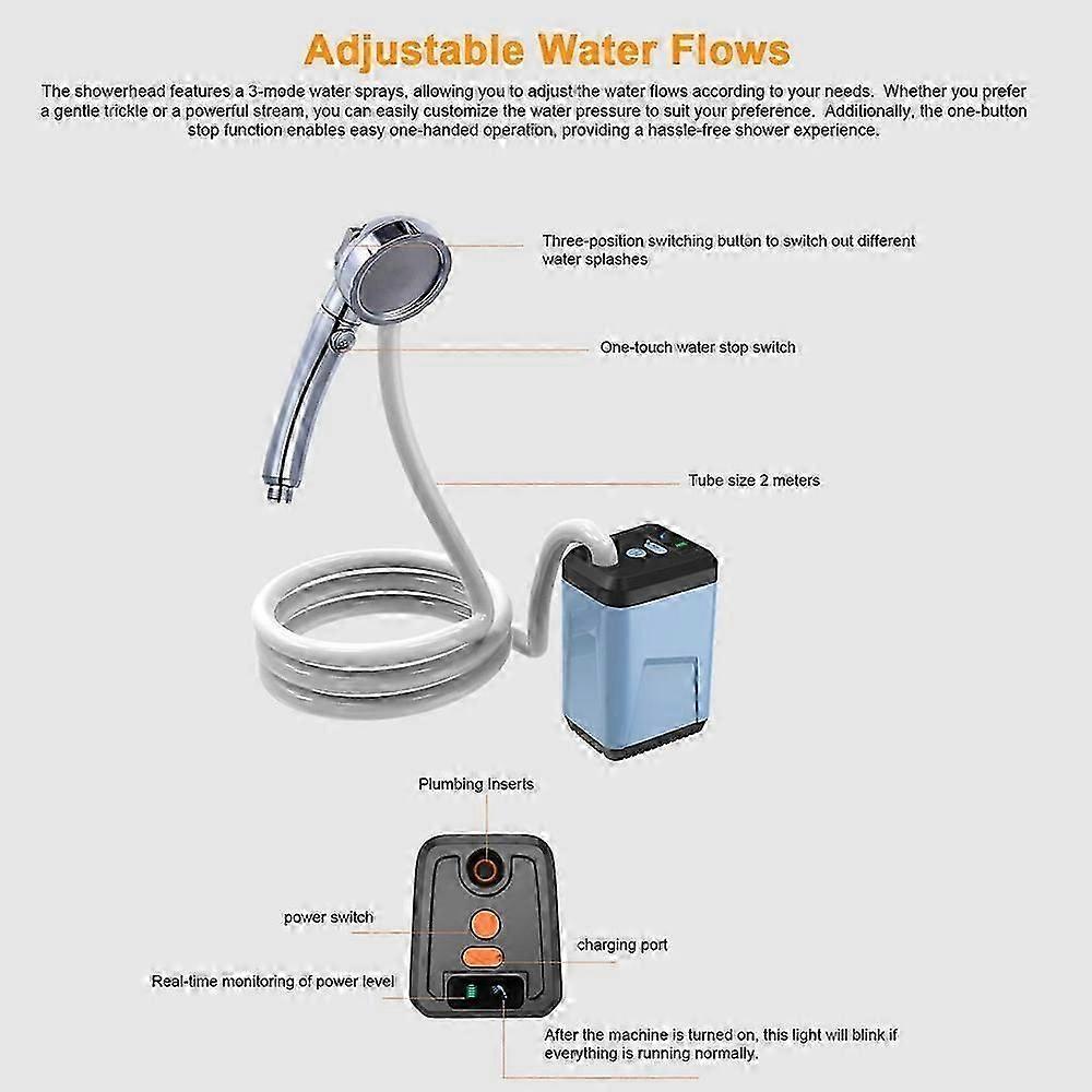 Portable Electric Shower Rechargeable with Intelligent Digital Display for Camping, HikingOrange 1 S