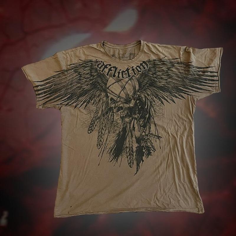 Gothic Skull Wings T-Shirt – Unisex Black Short Sleeve Tee, Dual Skull Cross Crossbone & Blue Feather Print, Dark Streetwear