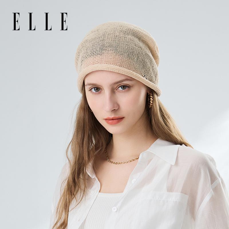 ELLE lightweight and high hollow pile cap women's summer breathable linen woven face enhancing small knitted toe cap woolen hat