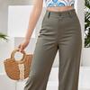 Women Summer Pants Mid-rise Button Zipper Fly Straight Leg Long Trousers with Pockets Solid Color Casual Pants